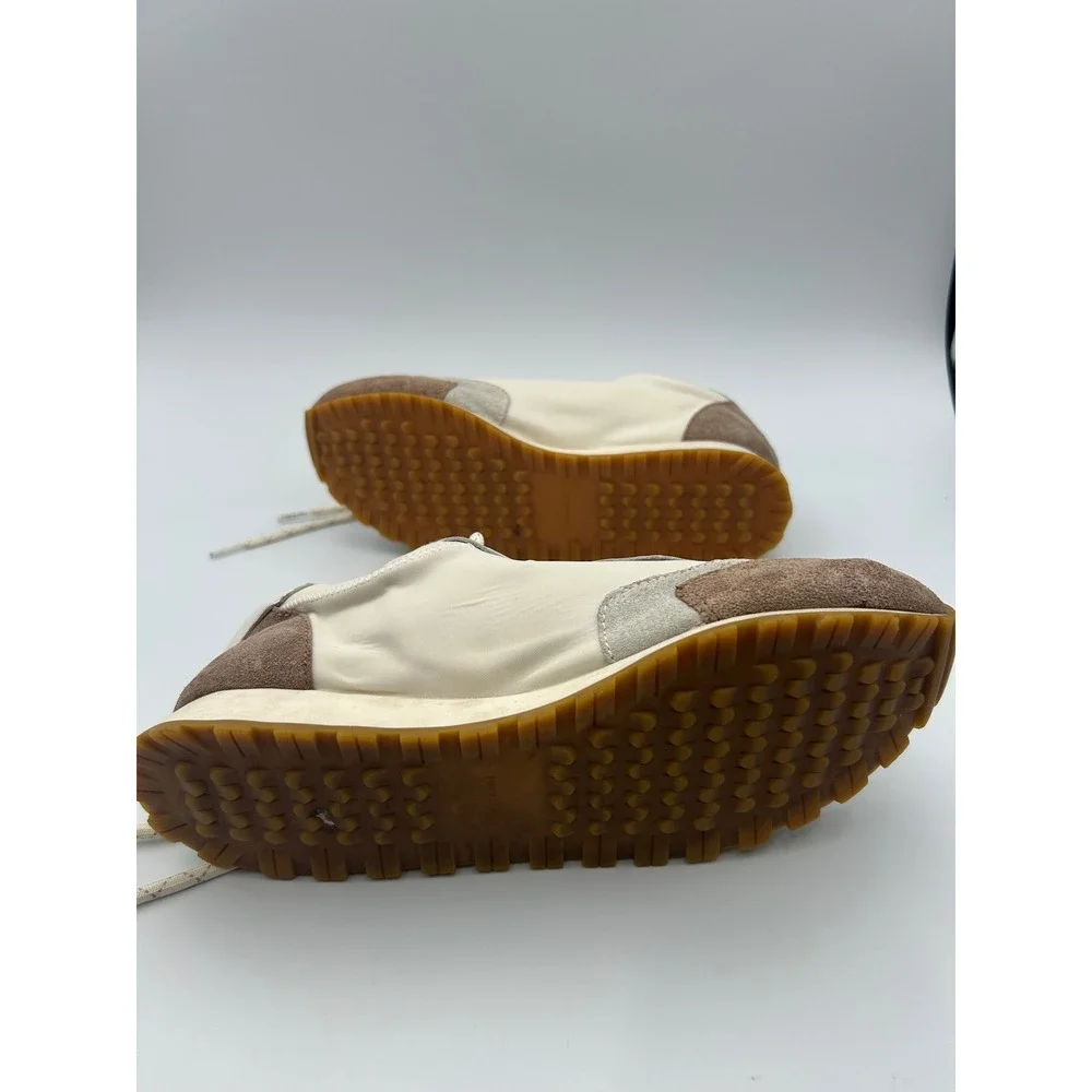 Tory Burch Bubble Sneakers Cream Brown Leather Textile Logo Low Top 8M 8913
